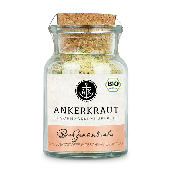 BIO Gemüsebrühe von Ankerkraut im Korkenglas auf weißem Hintergrund.