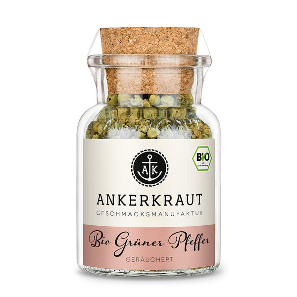 Ankerkraut BIO Grüner Pfeffer im Korkenglas auf weißem Hintergrund.