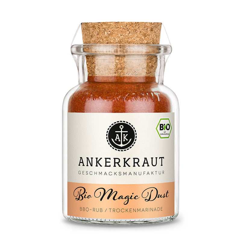 Ankerkraut BIO Magic Dust im Korkenglas auf weißem Hintergrund.