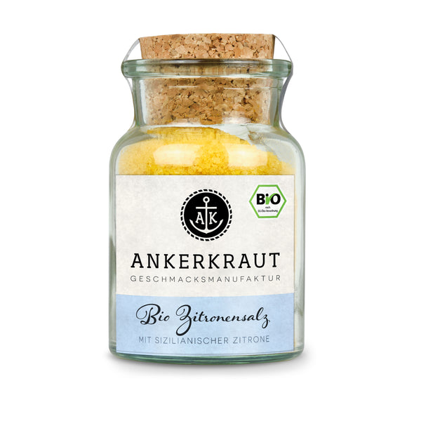 Ankerkraut BIO Zitronensalz im Korkenglas auf weißem Hintergrund.