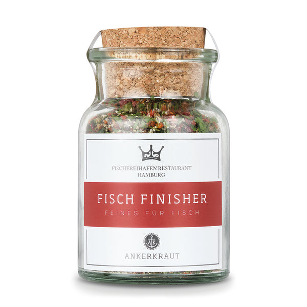 Ankerkraut Fisch Finisher im Korkenglas auf weißem Hintergrund.