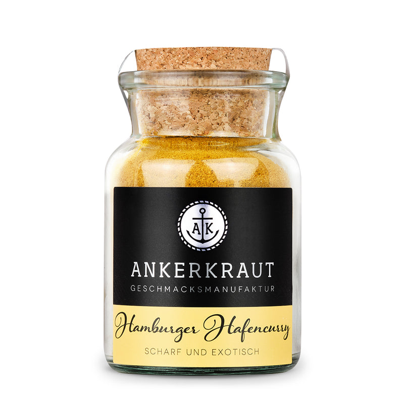 Hamburger Hafencurry von Ankerkraut im Korkenglas auf weißem Hintergrund.