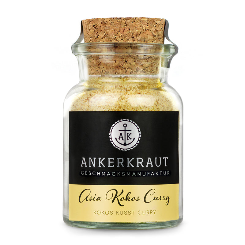 Kokos Curry Gewürz von Ankerkraut im Korkenglas auf weißem Hintergrund.