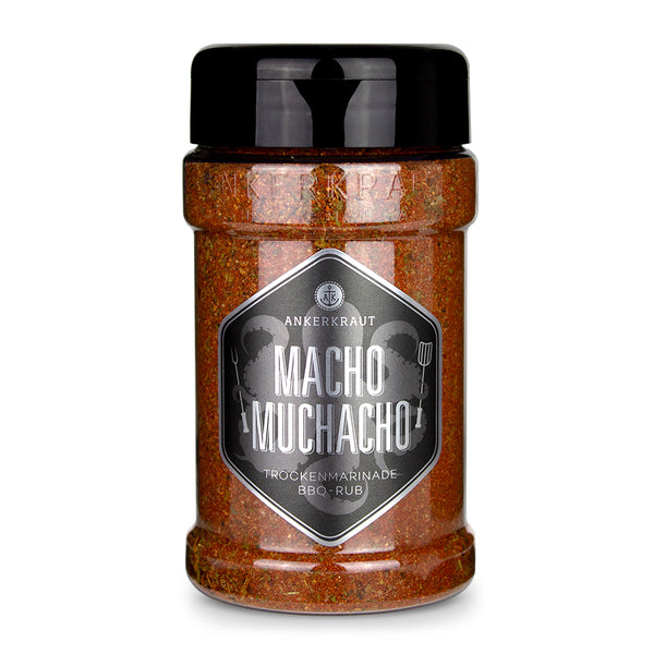 Ankerkraut Macho Muchacho BBQ Rub im Gewürzstreuer vor weißem Hintergrund.