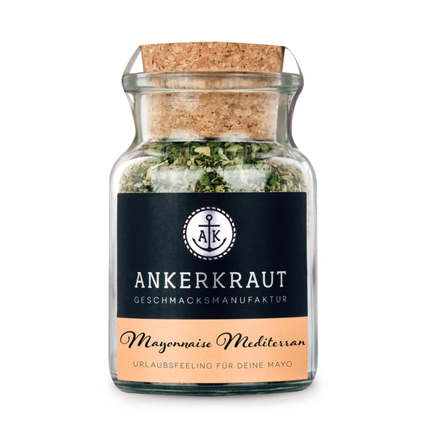 Ankerkraut Mayonnaise Mediterran im Korkenglas auf weißem Hintergrund.