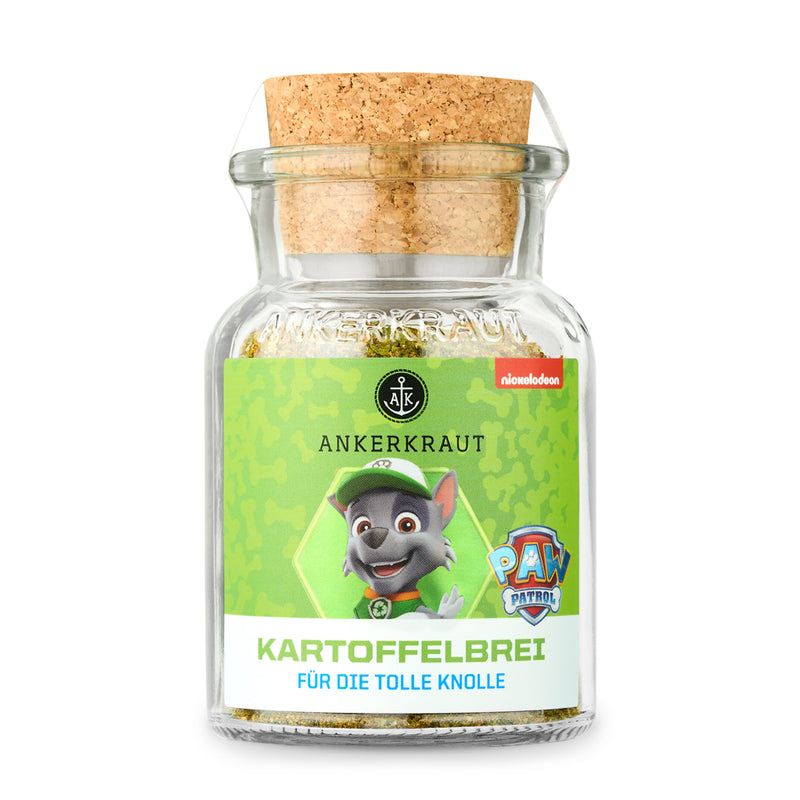 Ankerkraut Kartoffelpüree Gewürz im Korkenglas auf weißem Hintergrund.