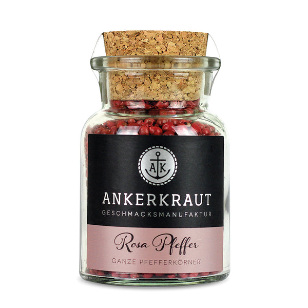 Rosa Pfeffer von Ankerkraut im Korkenglas auf weißem Hintergrund.