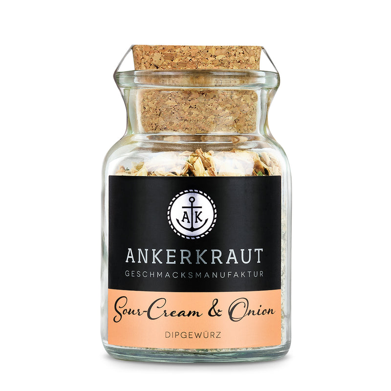 Sour Cream Gewürz von Ankerkraut im Korkenglas auf weißem Hintergrund.