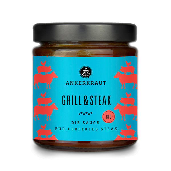 Steak Sauce von Ankerkraut im Glas auf weißem Hintergrund.