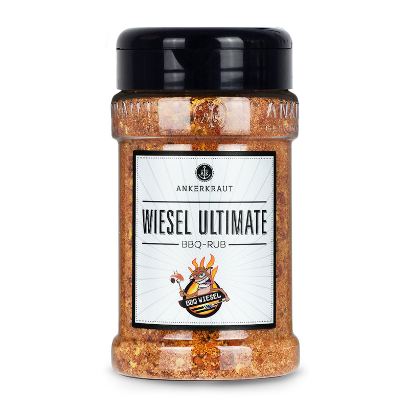 Ankerkraut Wiesel Ultimate BBQ Rub im Gewürzstreuer vor weißem Hintergrund.